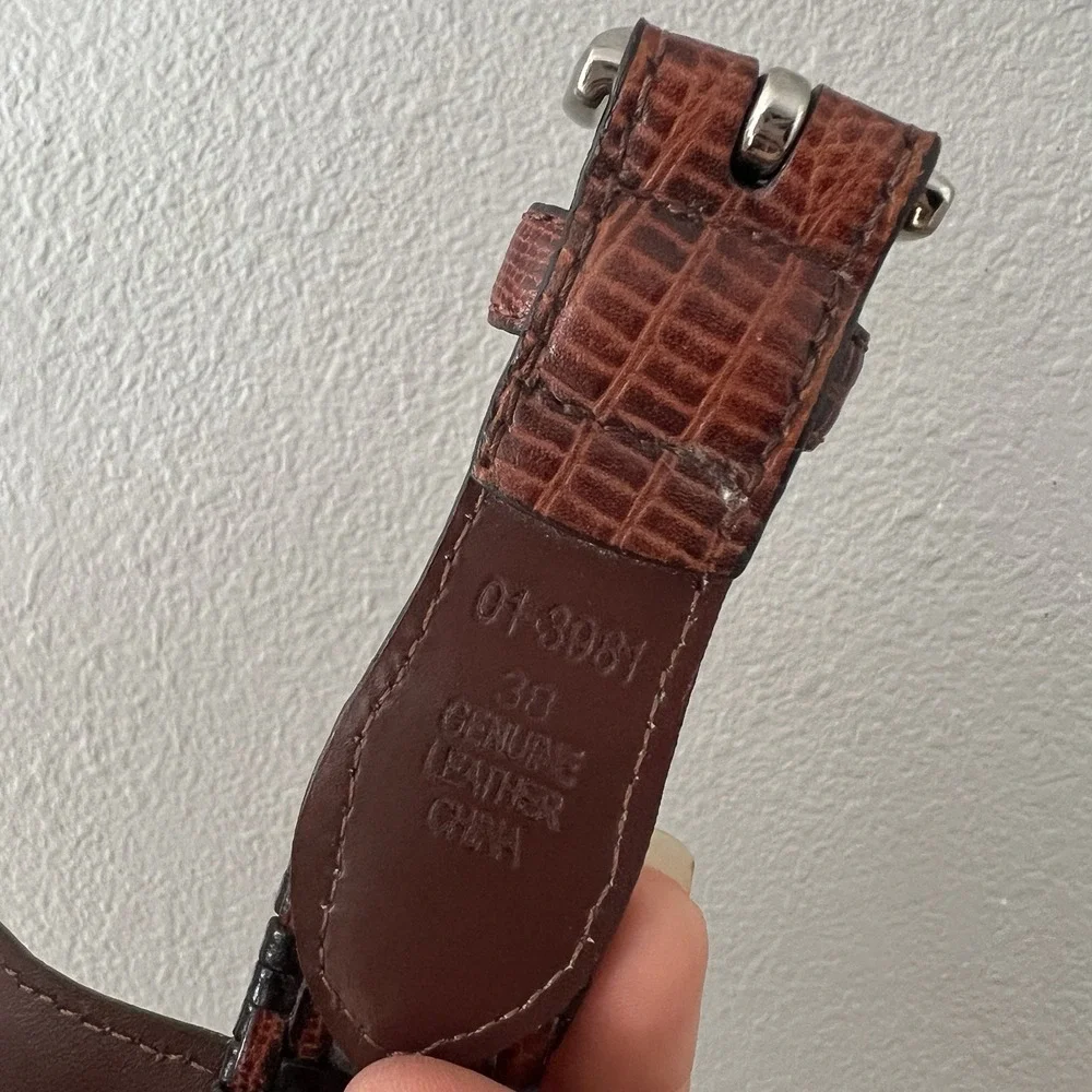 1980's Vintage Woven Leather Belt Black Brown Faux Snakeskin Sz 38 Boho Retro